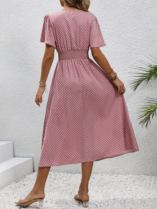 Allover Print Shirred Waist Dress, Casual Short Sleeve Dress