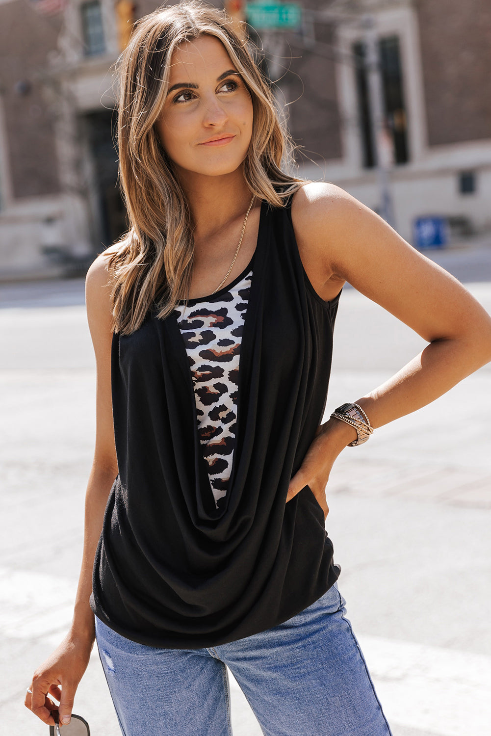 Black Leopard Ruched Fake Two-piece Tank