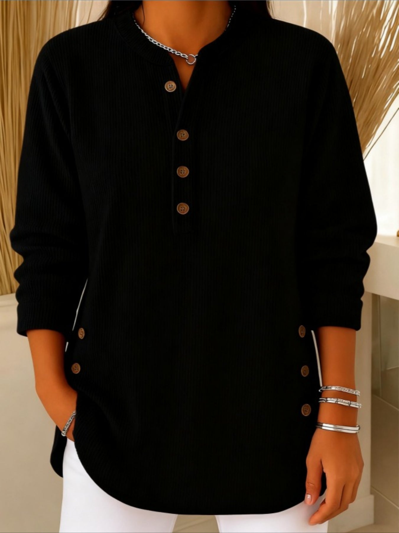 Corduroy Solid Color Loose Casual V-Neck Button Long Sleeve Top