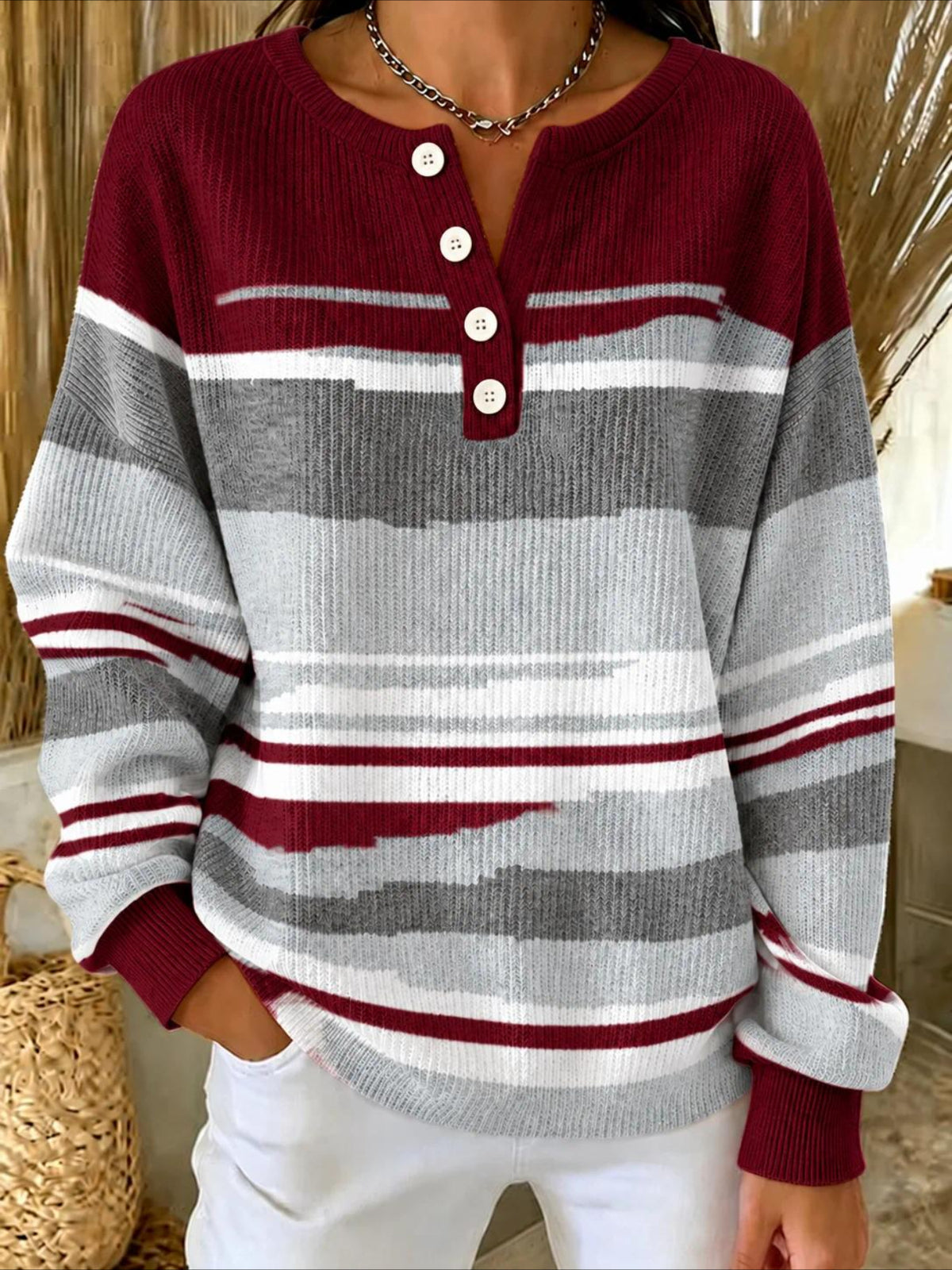 Abstract V Neck Button Long Sleeve T-Shirt