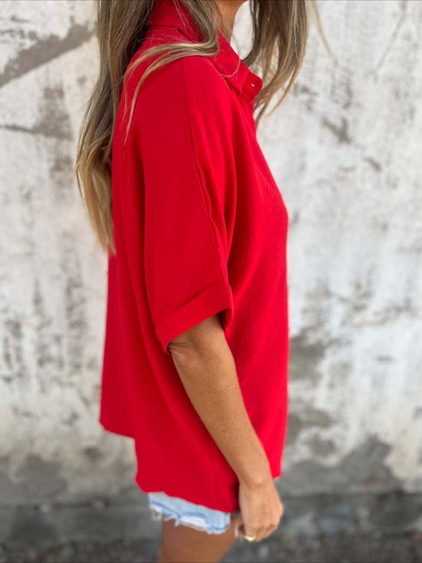 Casual Button Collared Short Sleeve Tunic Tops with Pocket