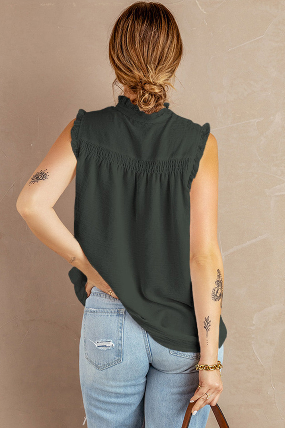 Green Frilled Tank Top with Buttons