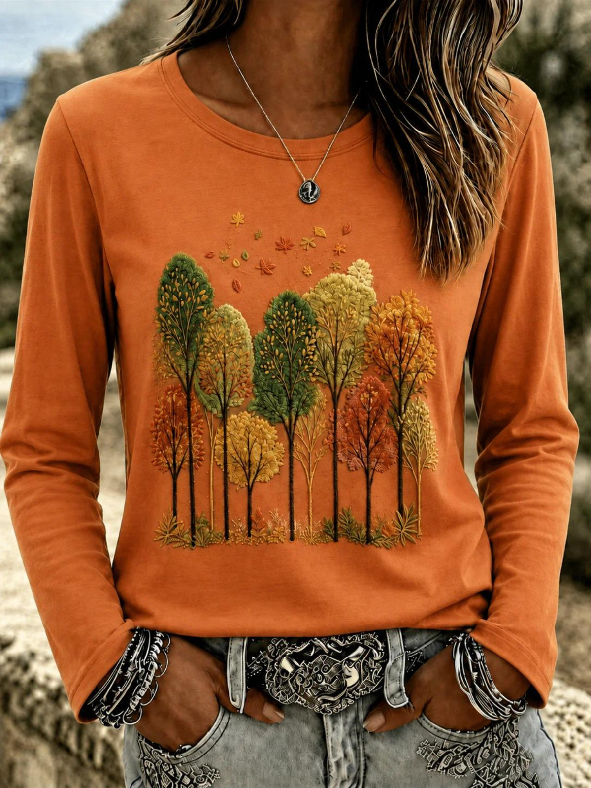 Leaf Printing Jersey Crew Neck Long Sleeve T-shirt