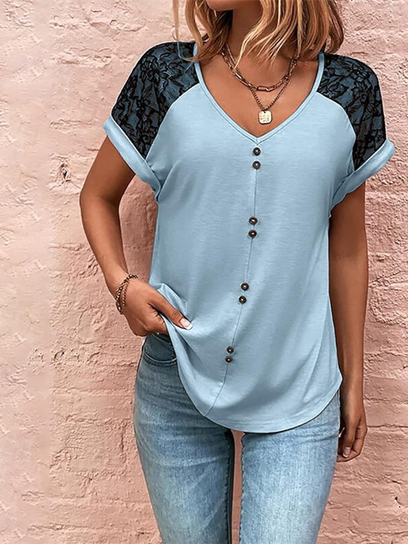 V Neck Lace Sleeve Button Design Loose Fit Soft Simple T-Shirt