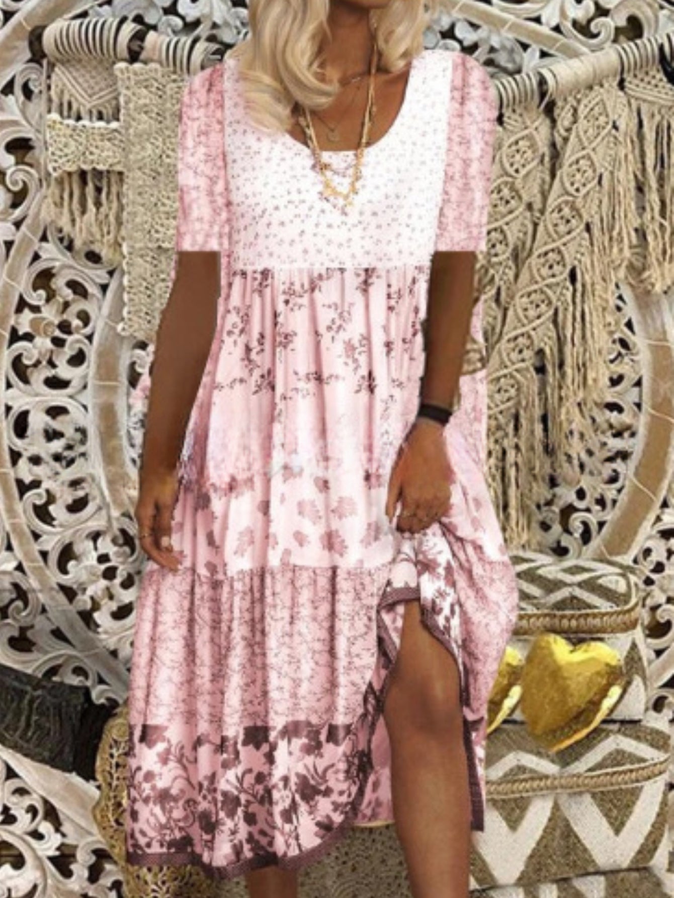 Colorblock Floral Print Dress - Comfortable and Stylish Short Sleeve High Stretch Dress