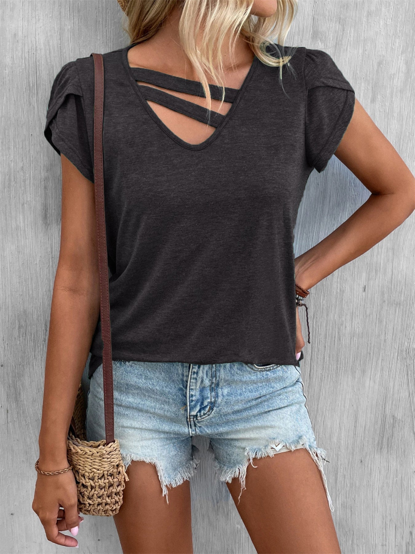 Petal Sleeve Loose T-Shirt, Short Sleeve Casual Top