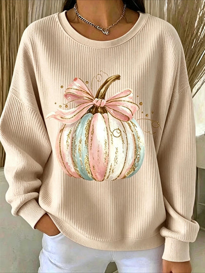 Pumpkins Halloween Printed Crew Neck Floral Long Sleeve Sweater Hoodie