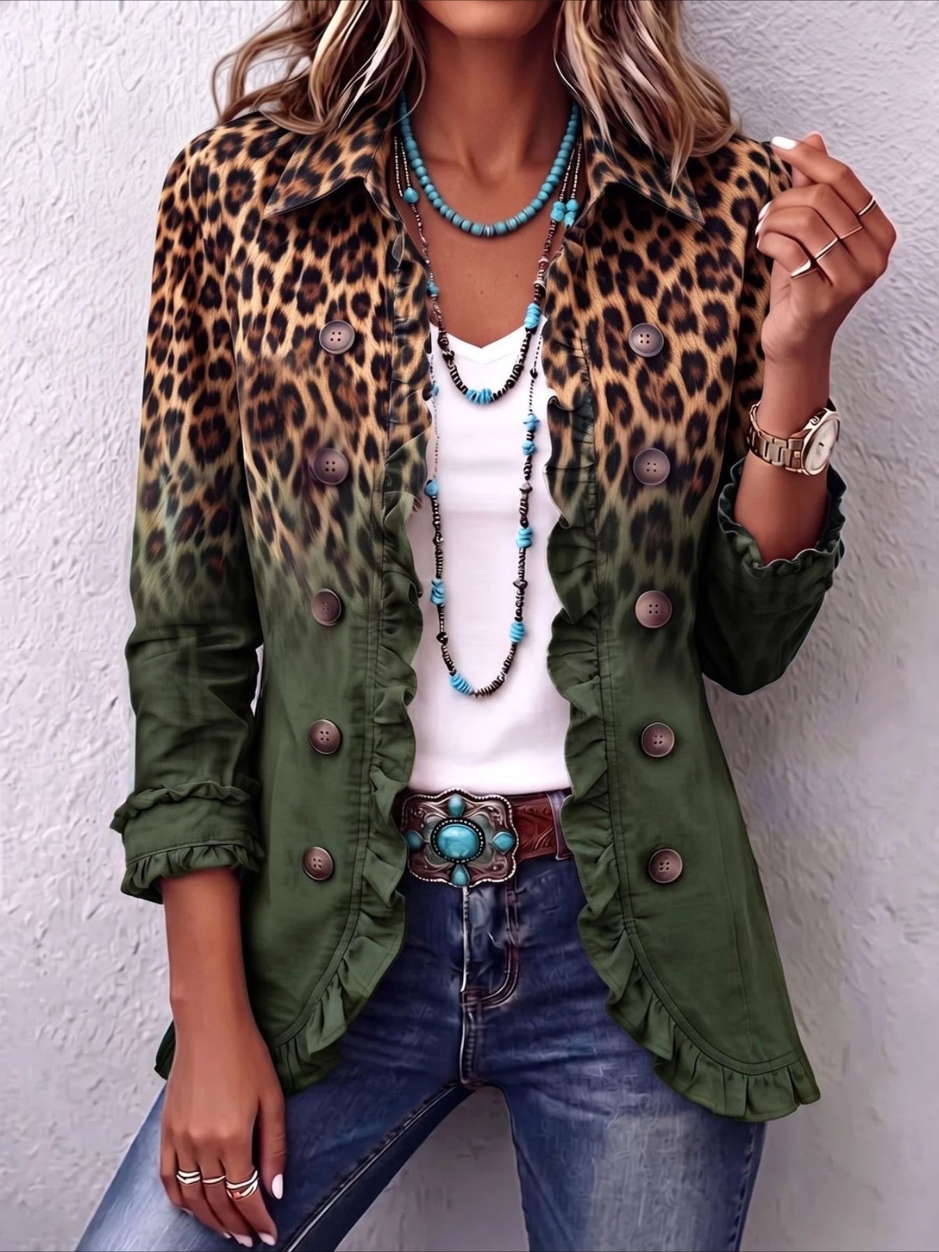 Leopard Pattern Print Long Sleeve Ruffle Edge Open Button Cardigan Coat