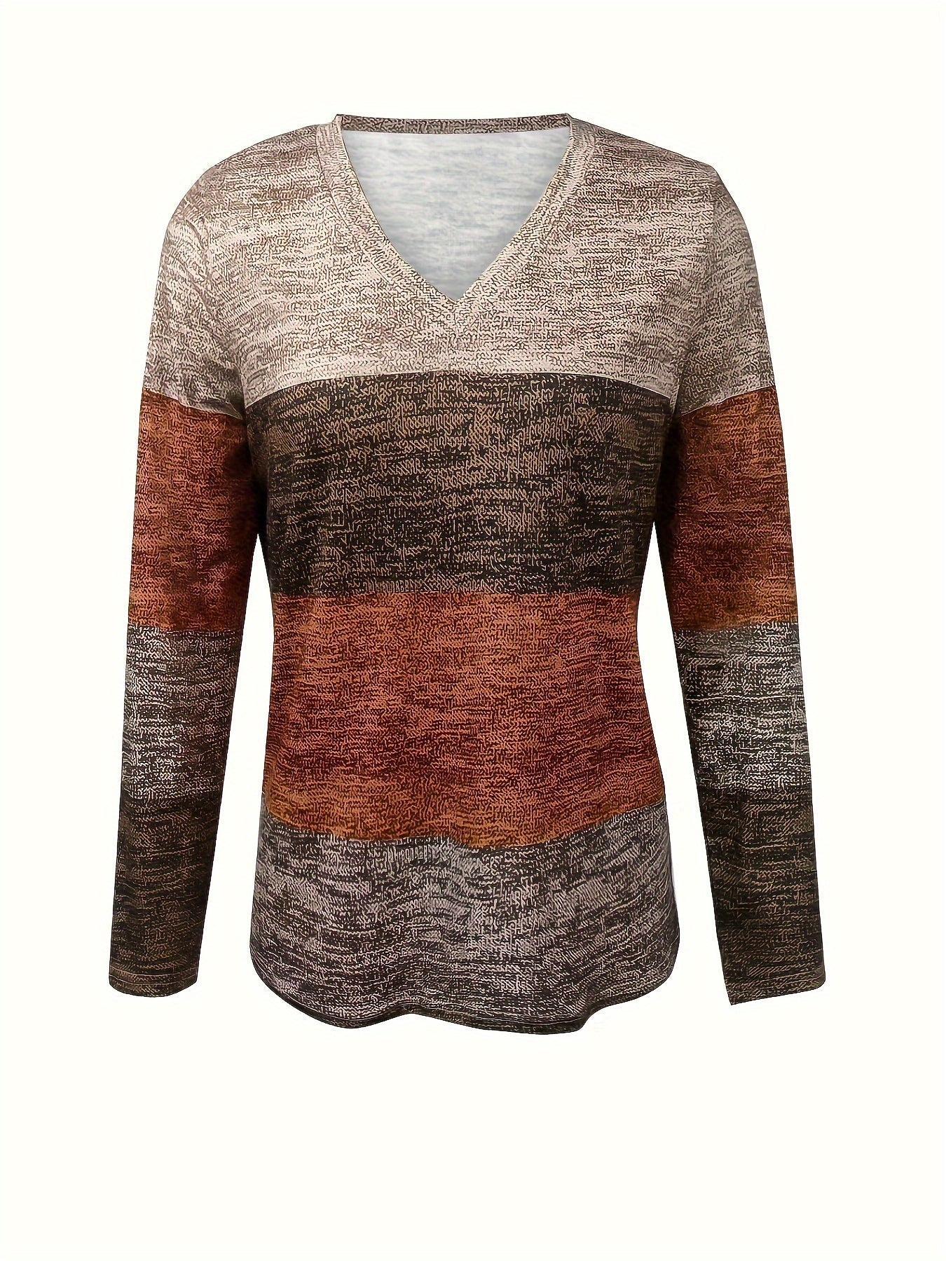 Color Block V Neck T-Shirt, Casual Long Sleeve Top