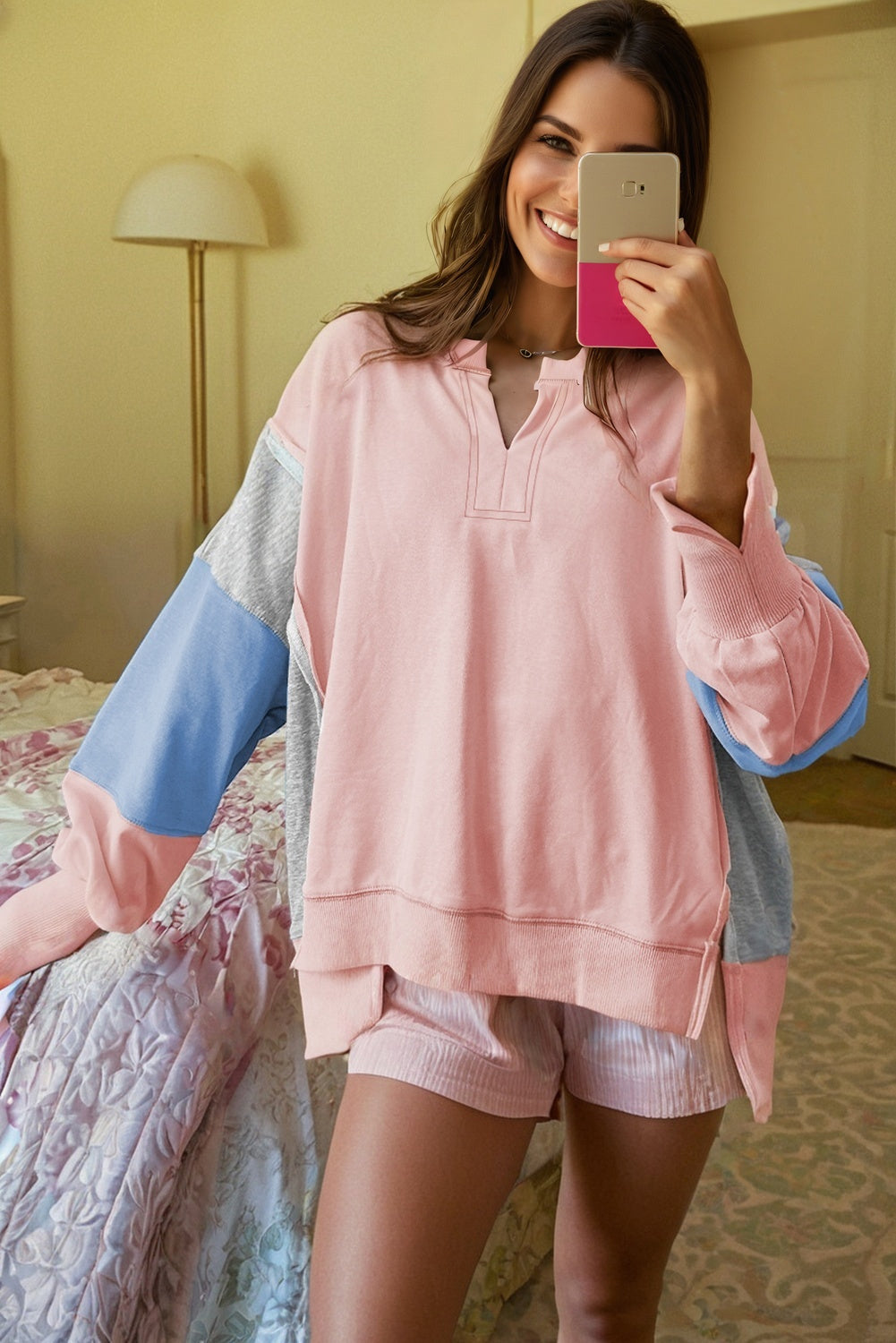 Apricot Pink Exposed Seam Color Block Patchwork Slit Cuffs Oversize Sweatshirt