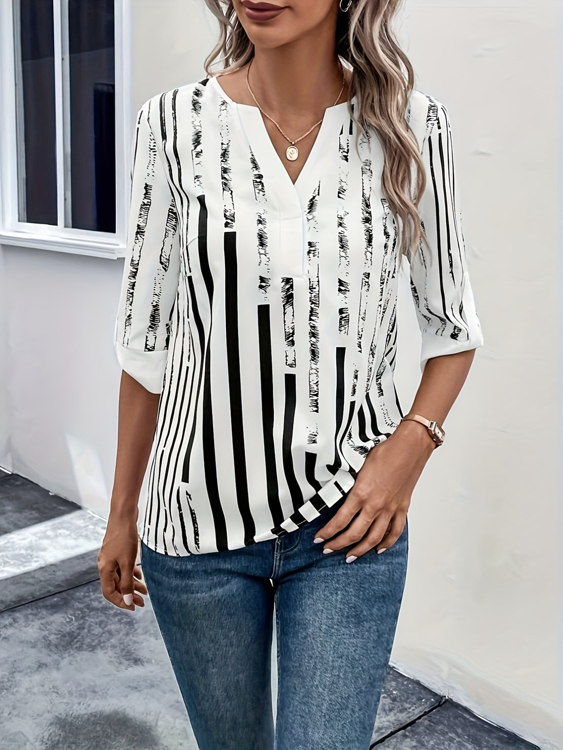 Stripe Print Notch Neck Blouse, Casual Three-quarter Sleeve Blouse