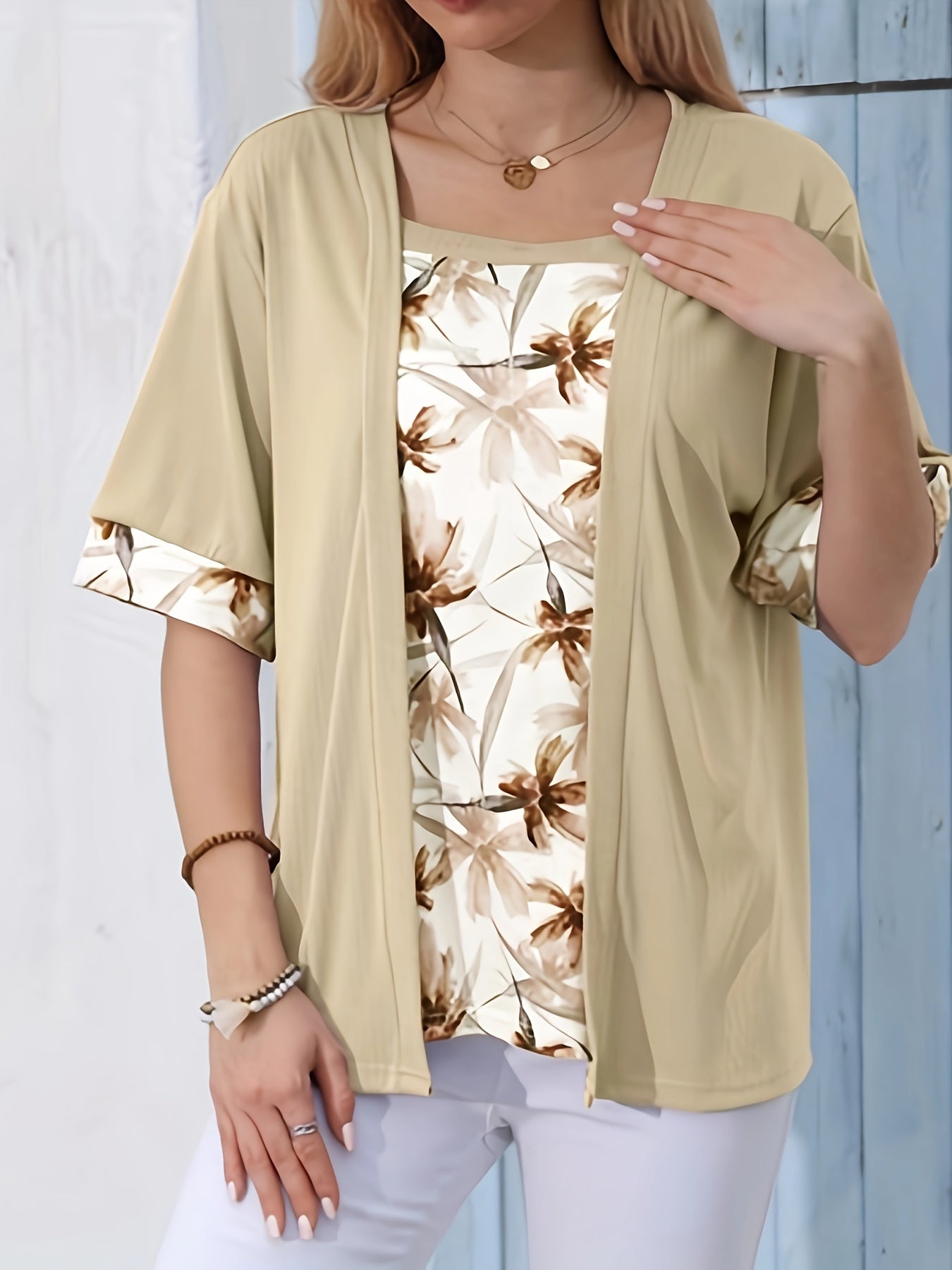 2-in-1 Floral Print T-shirt, Half Sleeve Square Neck Casual Top