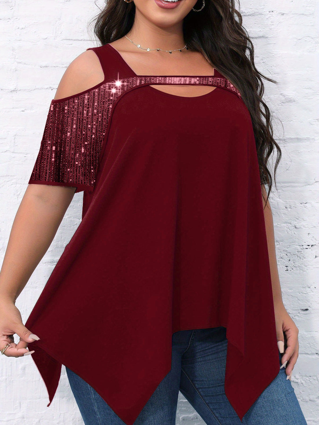 Casual Blouse, Women's Plain Rhinestone Cut Out Cold Shoulder Asymmetrical Hem Blouse