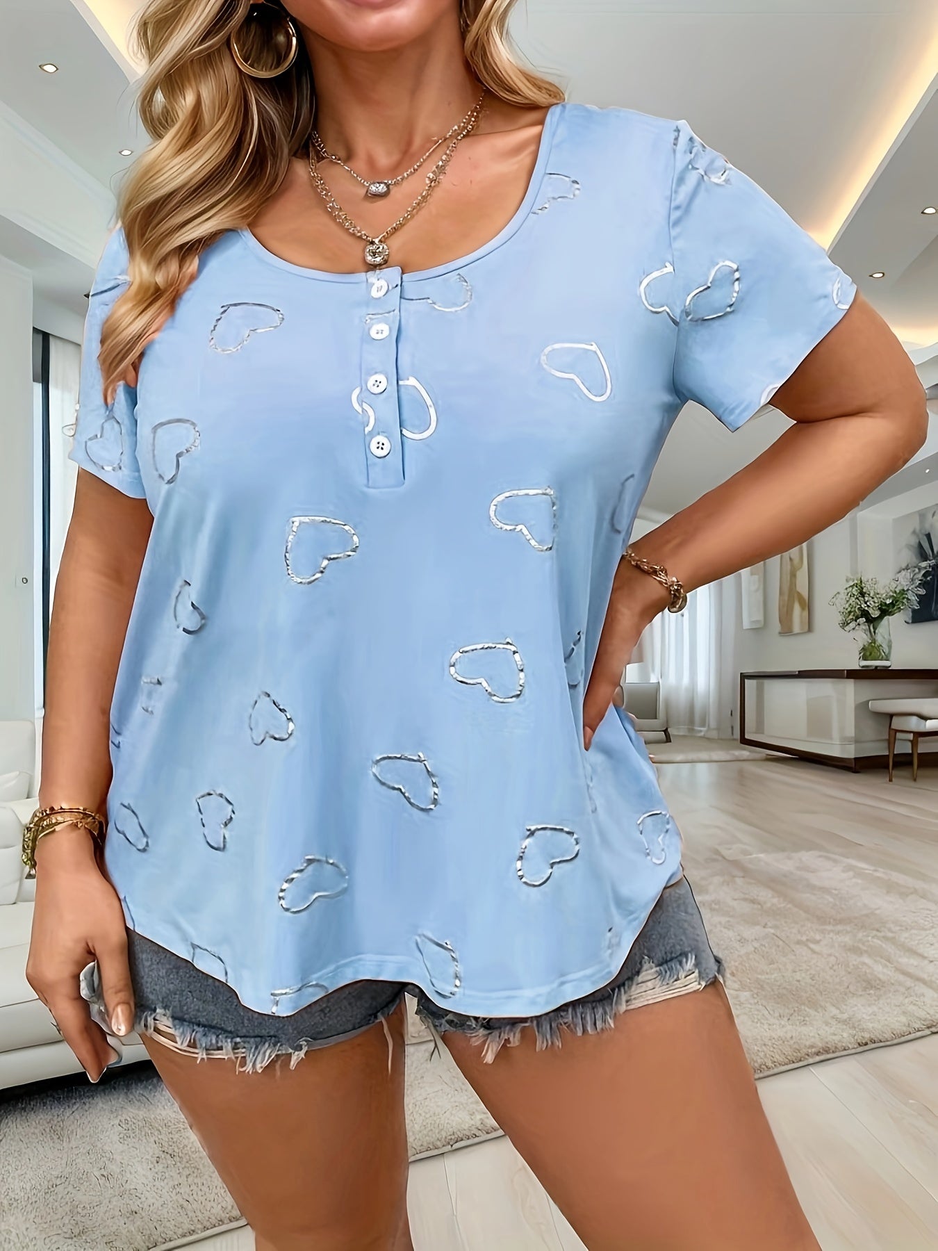 Heart Print Button Front T-shirt, Casual Short Sleeve Round Neck Top