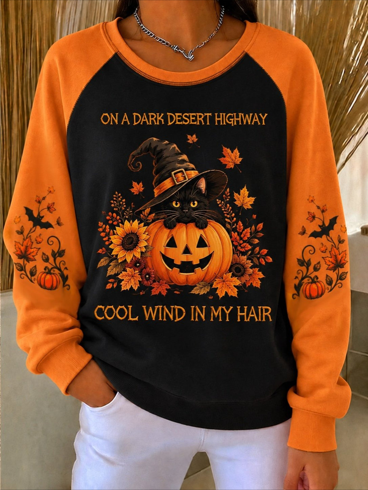 Text Letters Halloween Printed Crew Neck Long Sleeve Sweater Hoodie