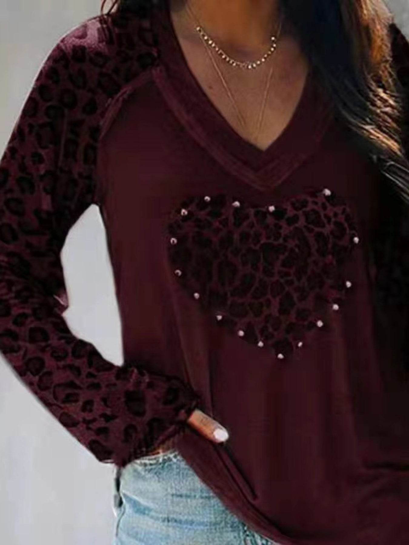 Plaid Heart Print V Neck T-Shirt, Casual Long Sleeve Top