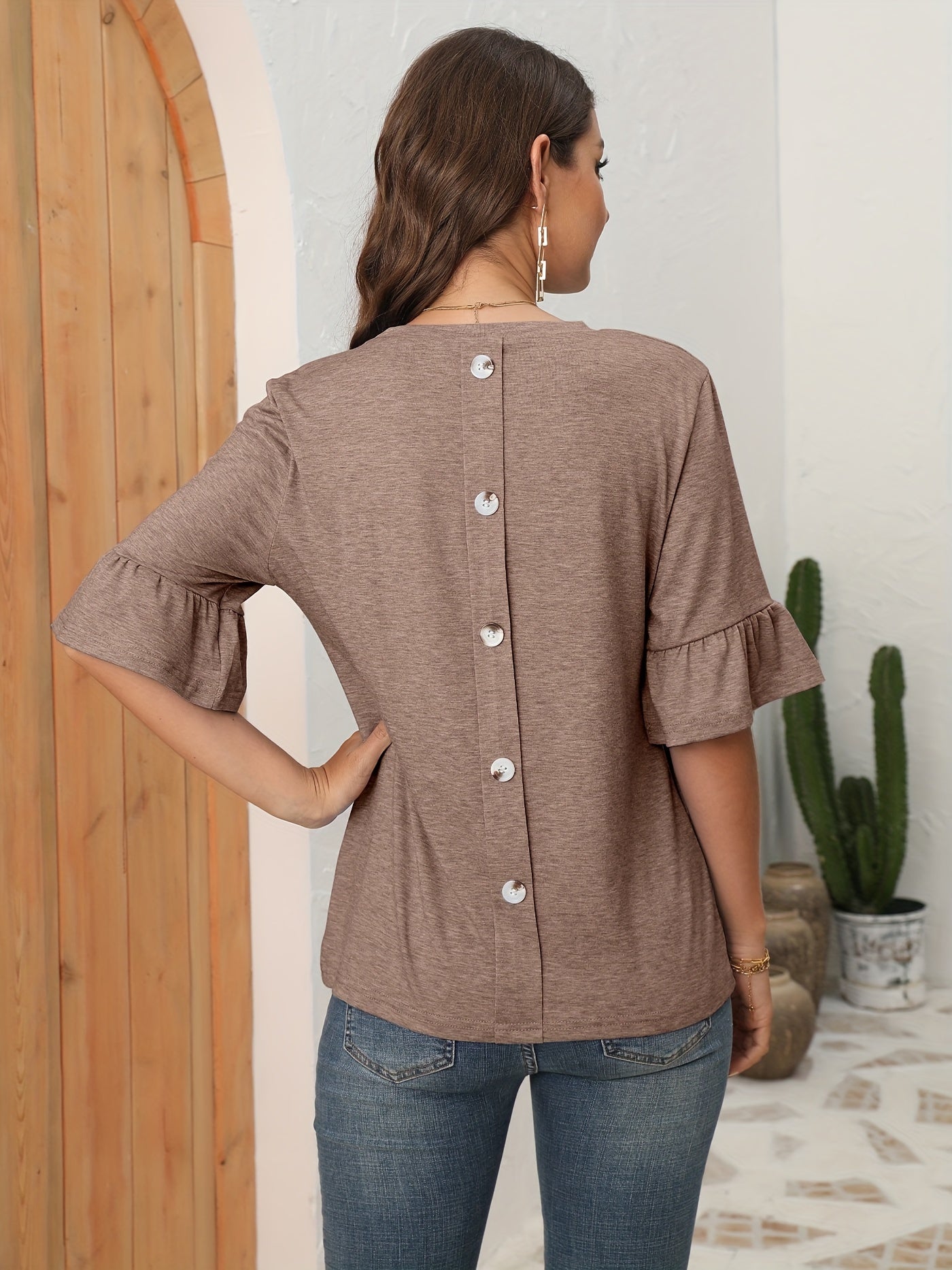 Button Back Solid T-shirt, Casual Crew Neck Half Sleeve T-shirt