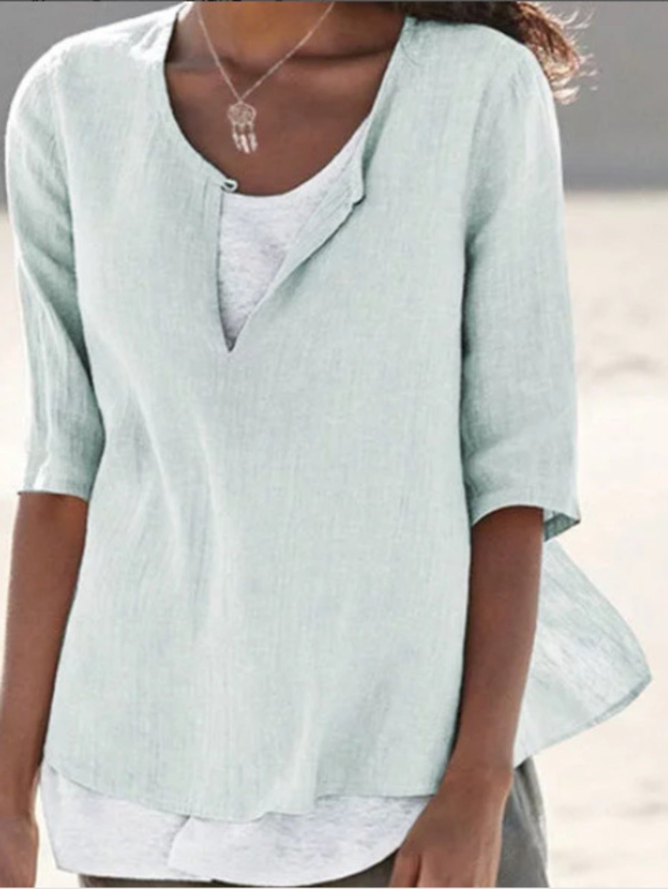 Solid Color Crew Neck Front Slit Stylish Pullover Top