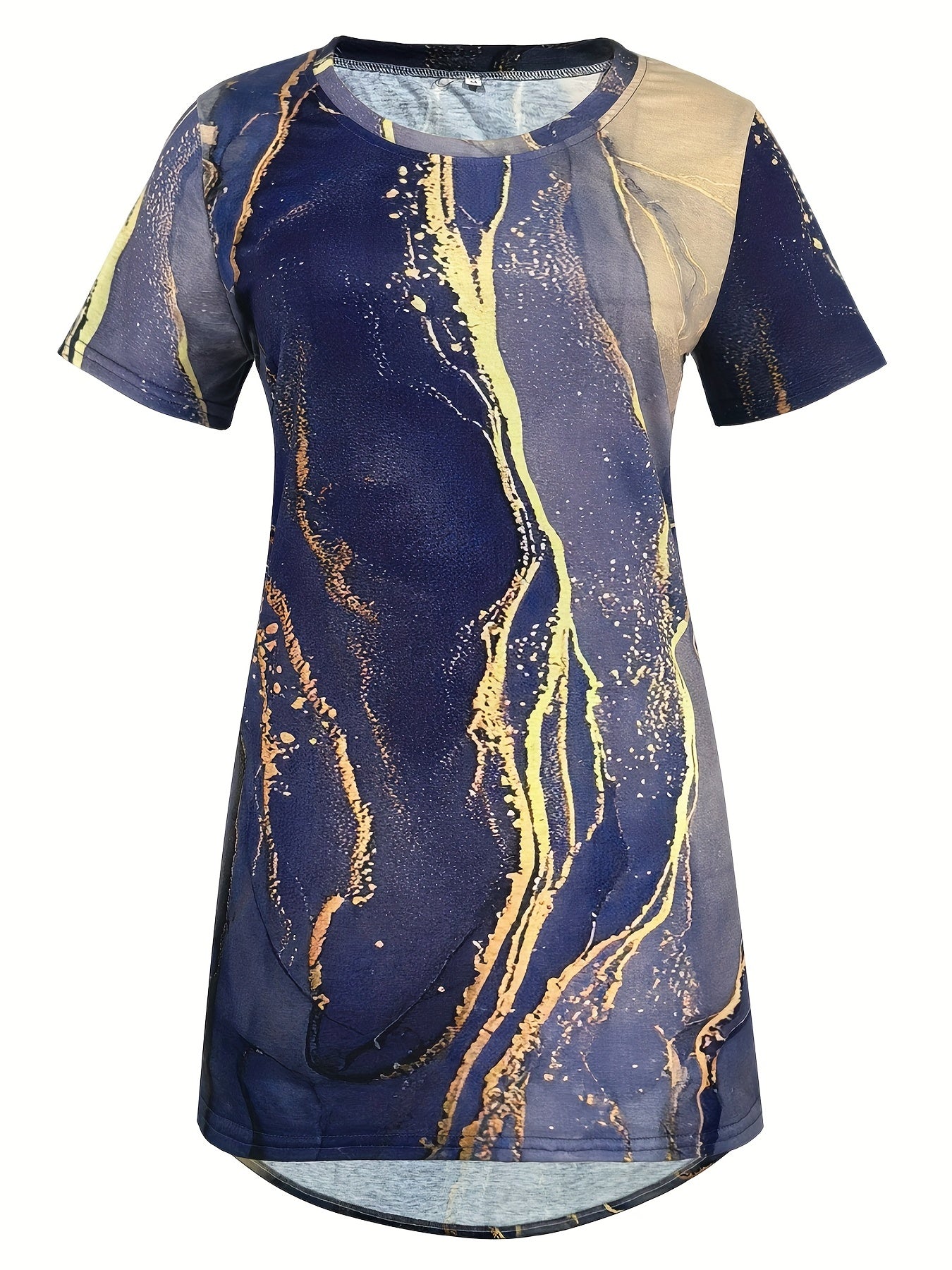 Marble Print Crew Neck T-shirt, Casual Short Sleeve Summer Mid Length T-shirt
