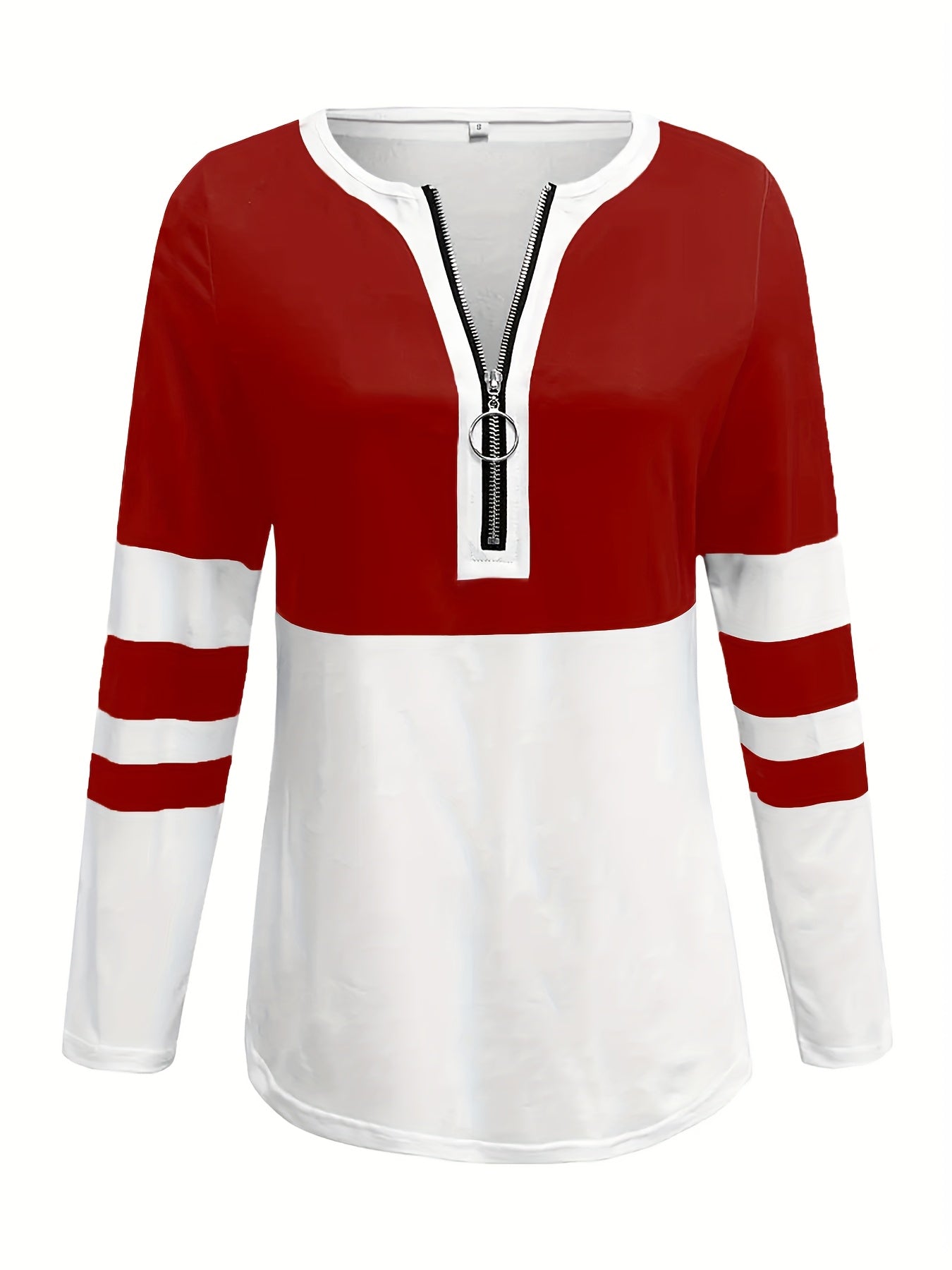 Stylish Color Block V-Neck Long Sleeve T-Shirt with Zipper Detail