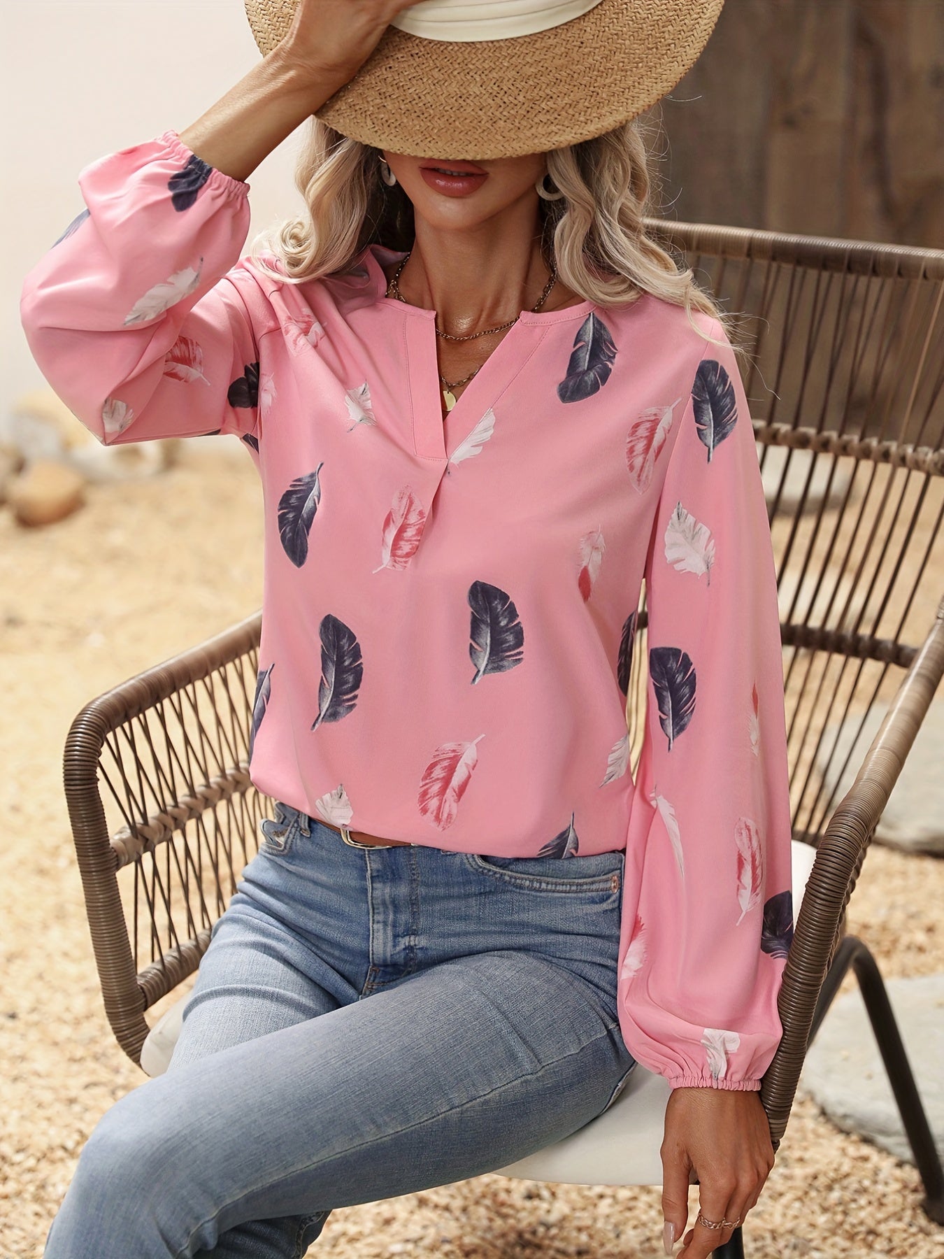 Feather Printed V-neck Loose Shirts, Casual Long Sleeve Fashion Shirts