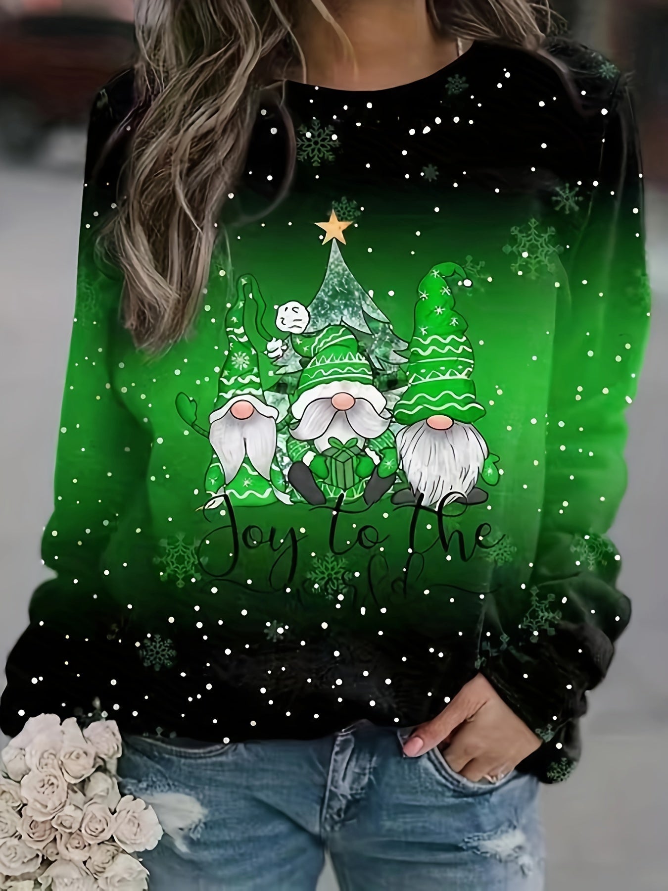 Christmas Top, Women's Christmas Dwarf & Slogan Print Ombre Long Sleeve Round Neck Slight Stretch Top
