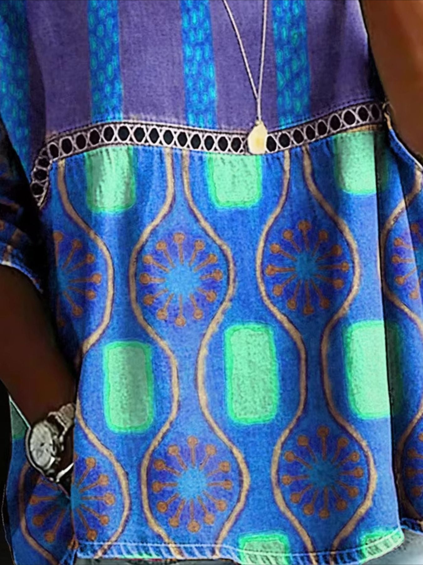 Printed Mid Sleeve Pleated Round Neck Top