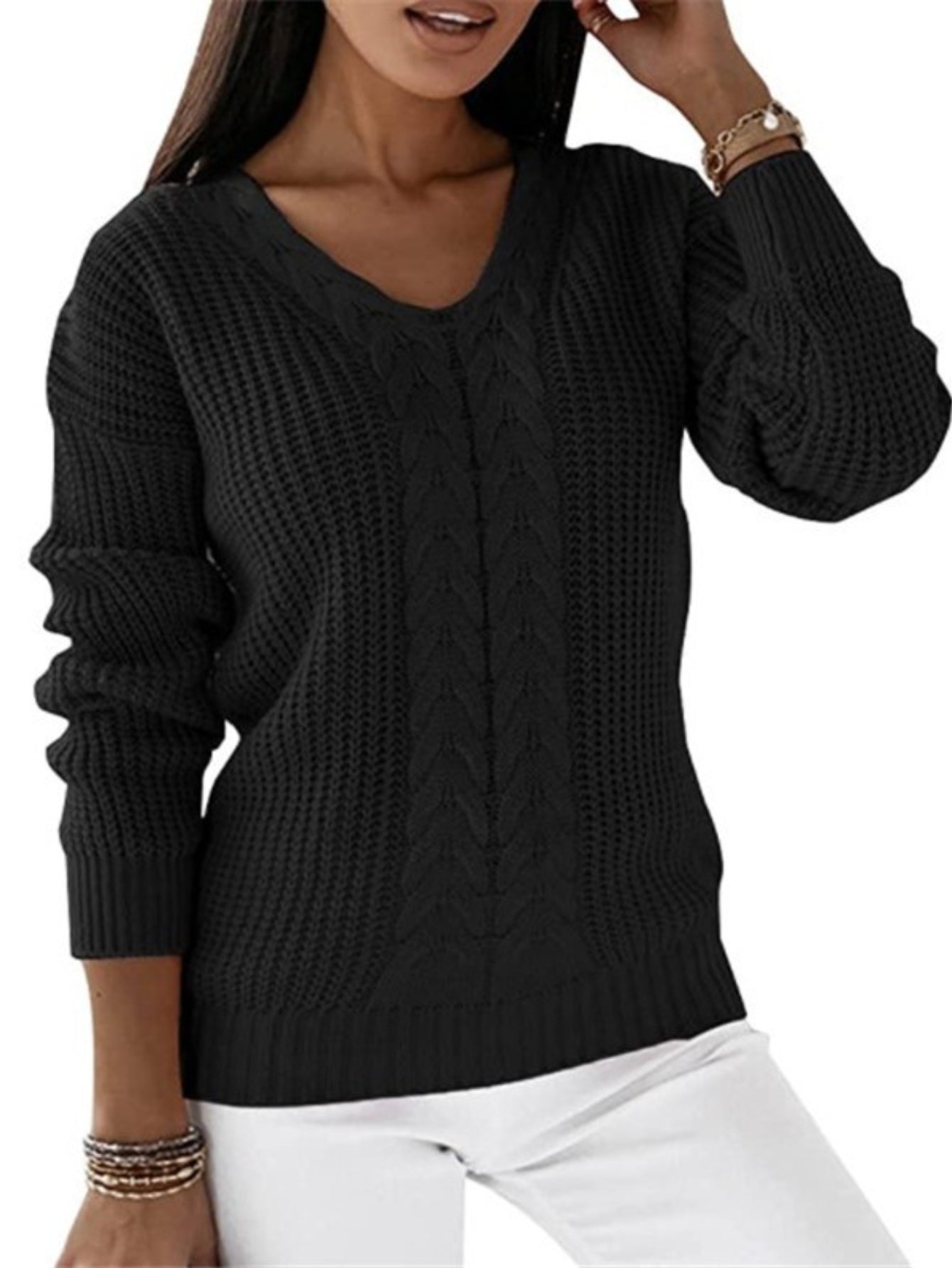 Cable Knit V Neck Sweater, Casual Long Sleeve Sweater
