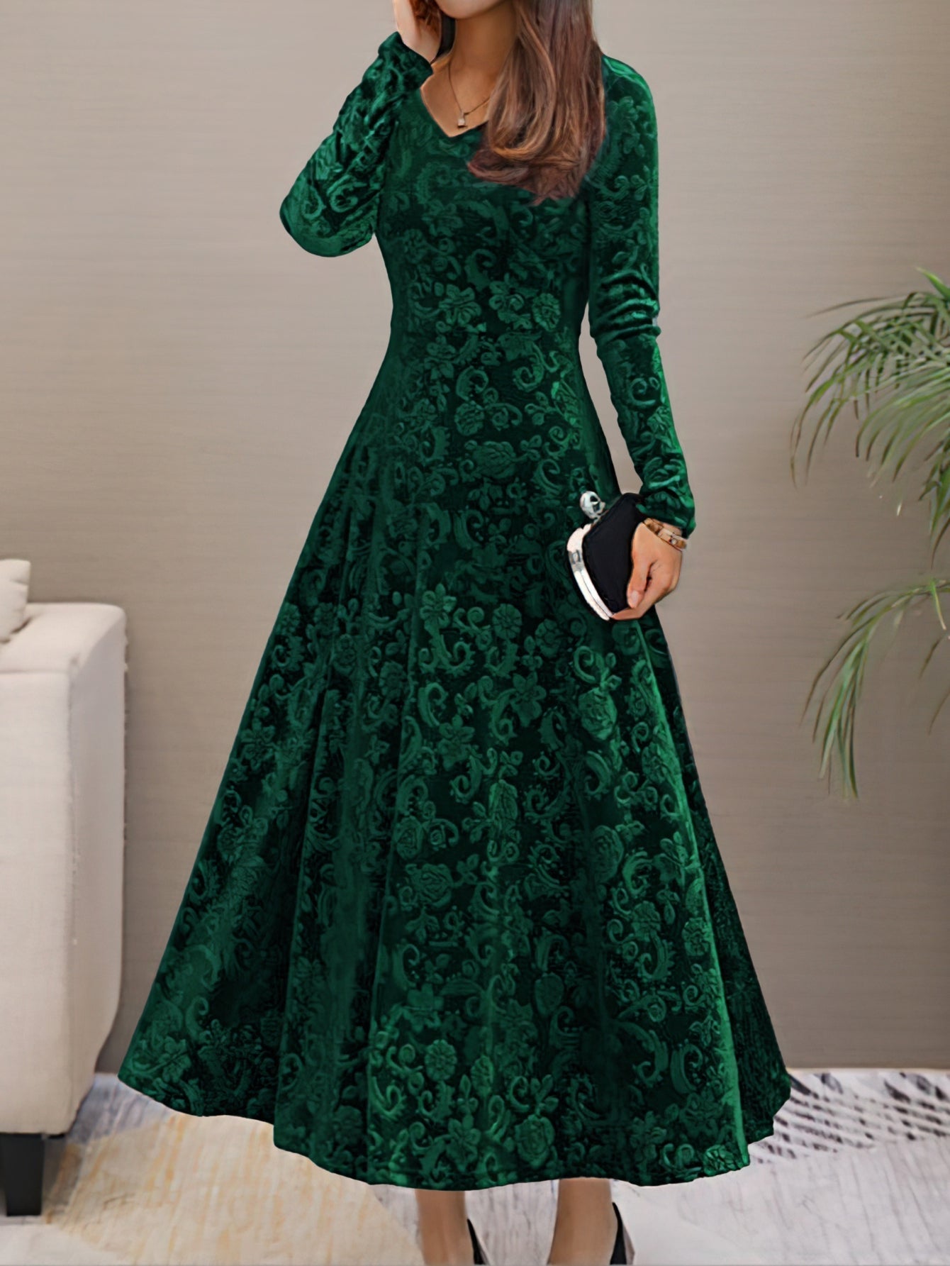 Solid Color Long Sleeve Dress, Elegant V Neck Flared Dress