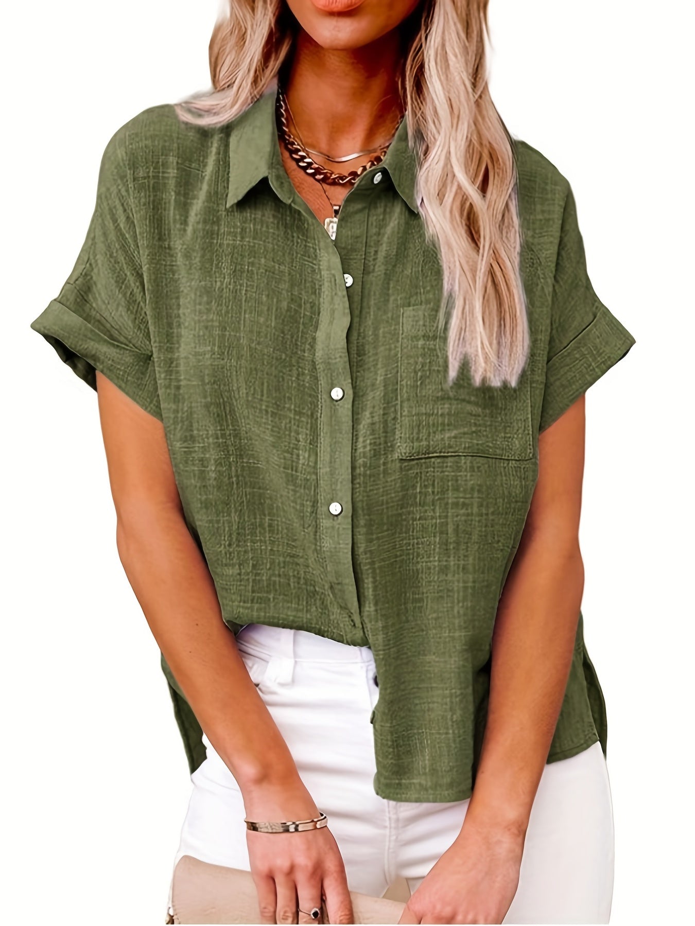 Solid Color Short Sleeve Blouse, Casual Button Front Blouse