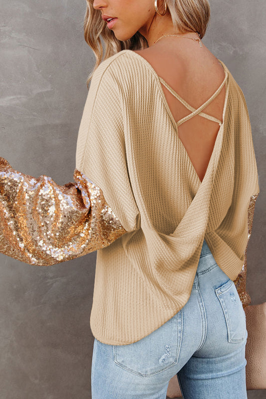 Apricot Sequin Patchwork Sleeve Open Back Waffle Knit Top