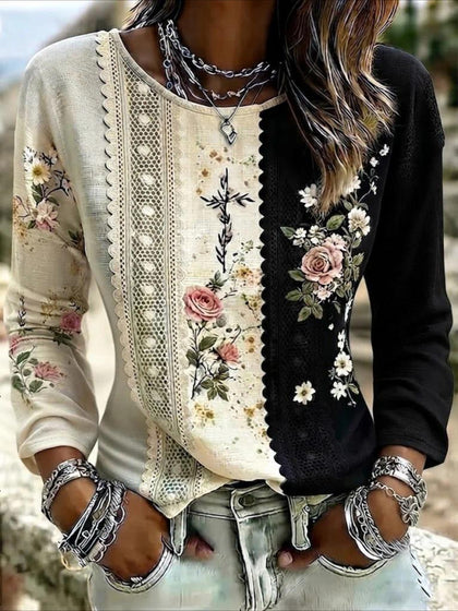 Crew Neck Long Sleeve Floral Modern Casual Regular T-shirt