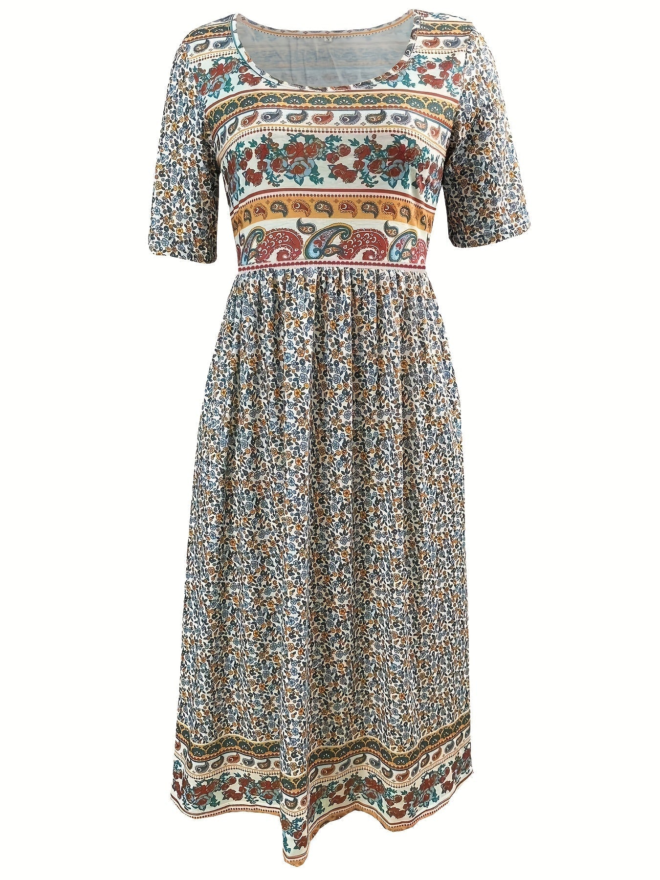 Floral Print Crew Neck Dress, Casual Short Sleeve Dress
