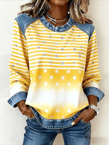 Printed Denim Splicing Long Sleeve Crew Neck Sweatshirts