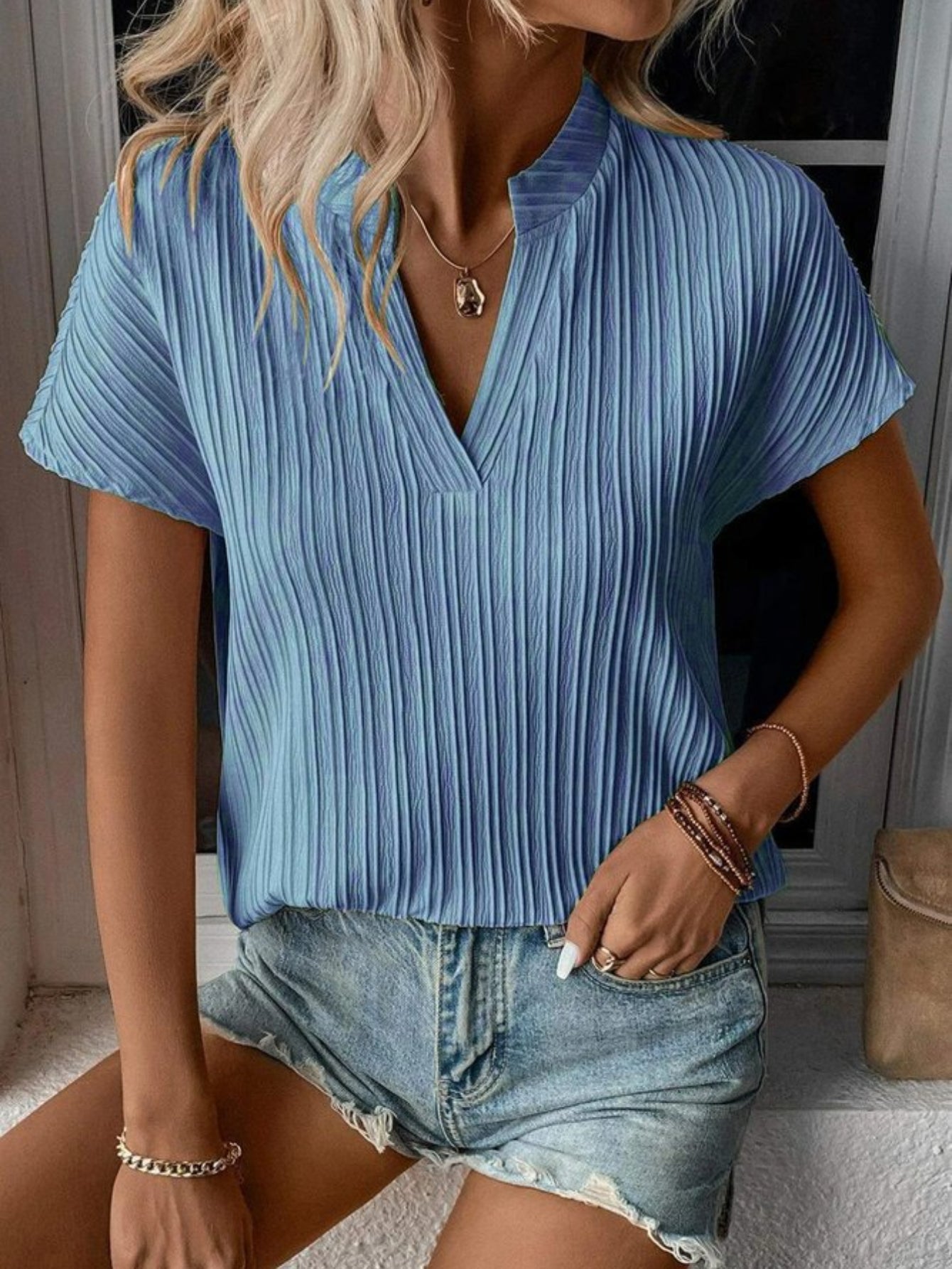 Ribbed Short Sleeve with Notched Neck and Slight Stretch for Women