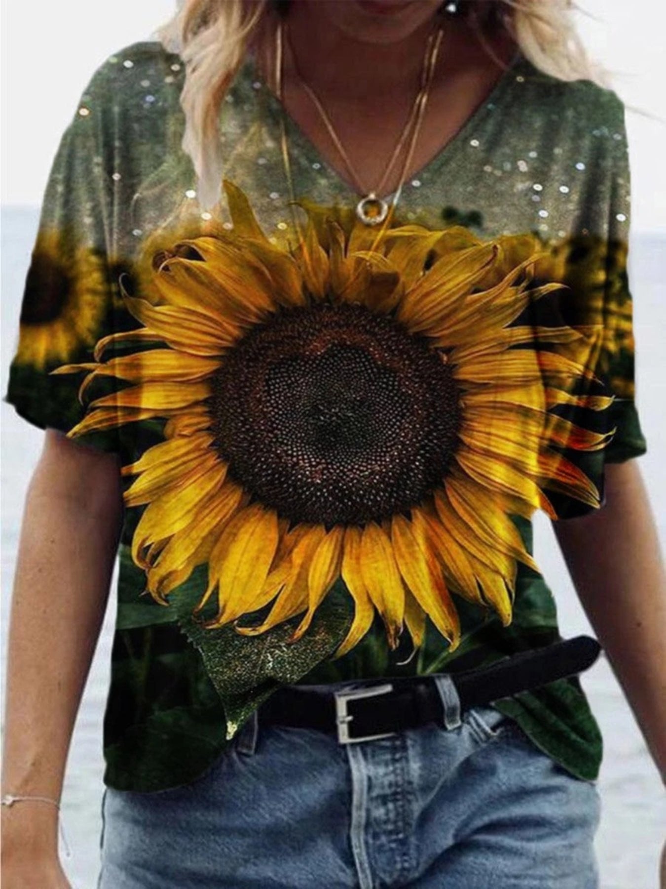 Floral Print V Neck T-Shirt, Short Sleeve Casual Top