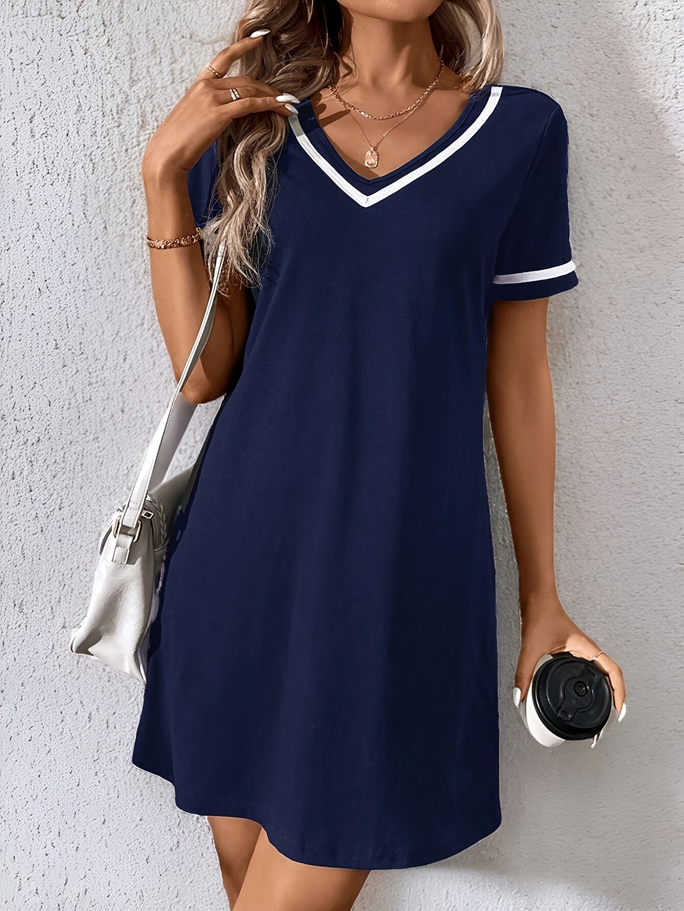 Women's Color Block Knit Dress - V-Neck, Braided Detail