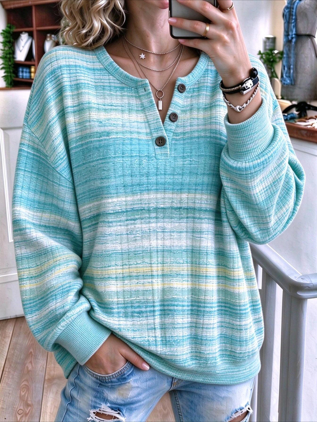 Abstract Regular Fit Casual Henley Collar Sweatshirt
