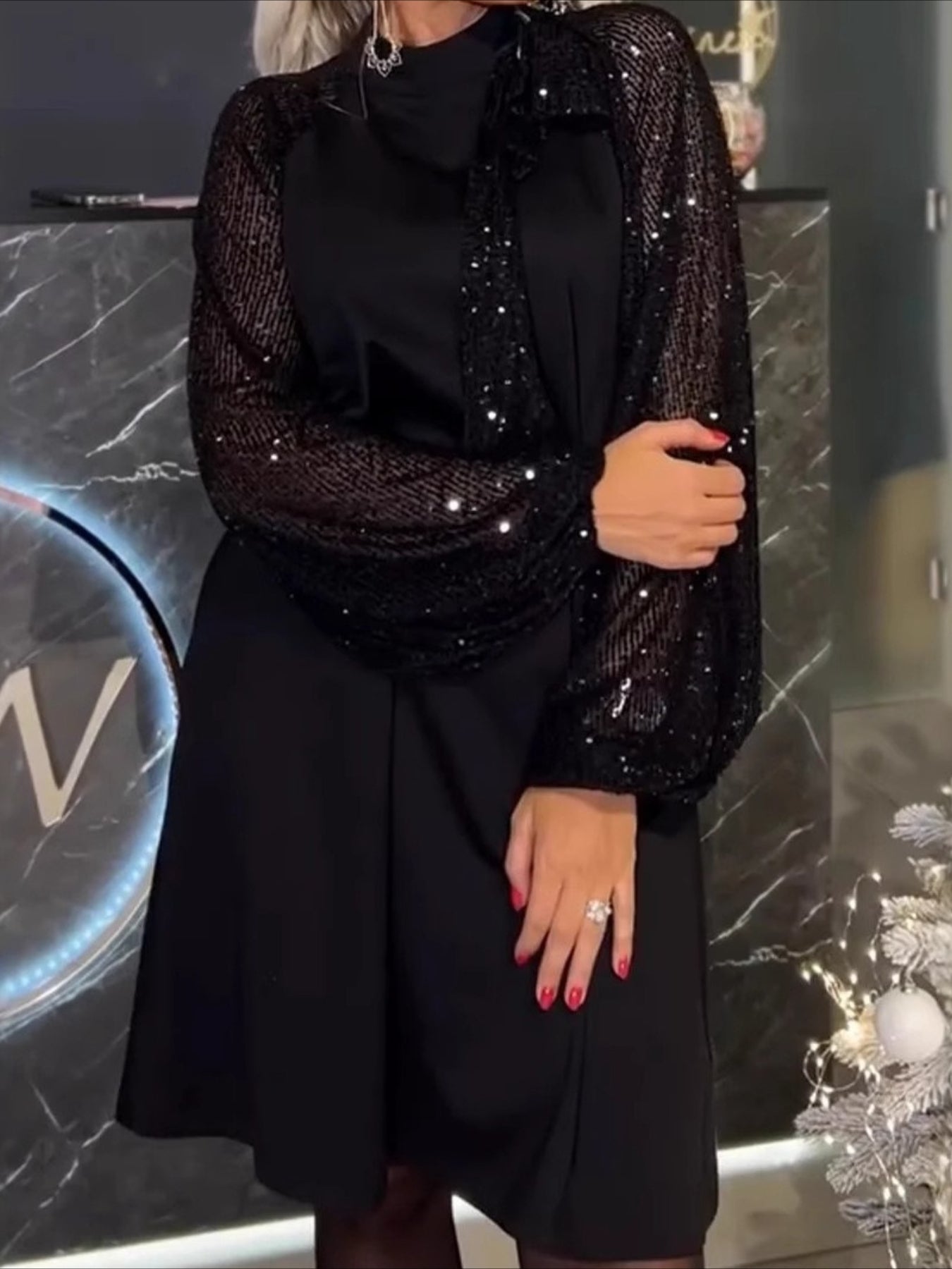 Long Sleeve Spring/Fall Red Plain Split Joint Crew Neck Vintage A-Line Sequin Midi Dress