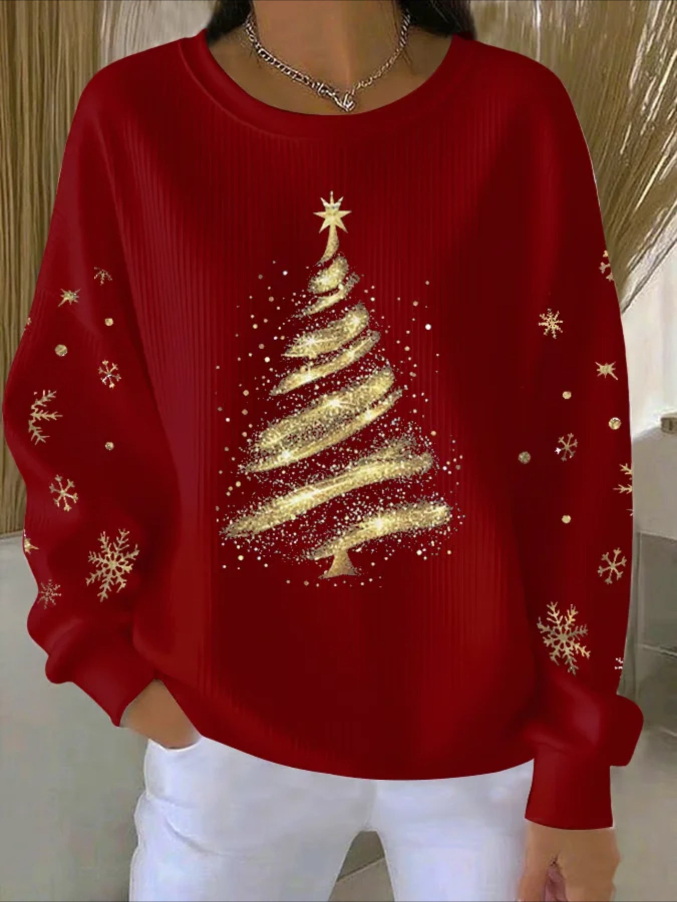 Christmas Printed Crew Neck Floral Long Sleeve Sweater Hoodie
