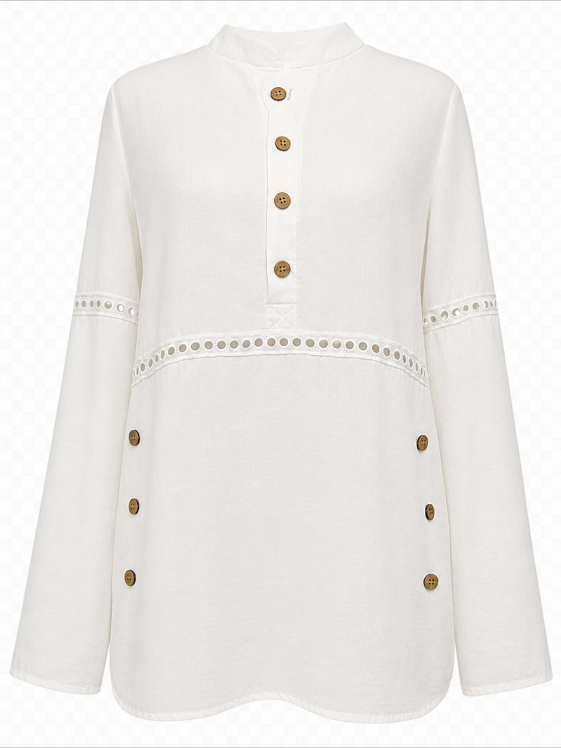 Solid Color Stand Collar Long Sleeve Half-Placket Side Button Cutout Detail Loose Fit Top