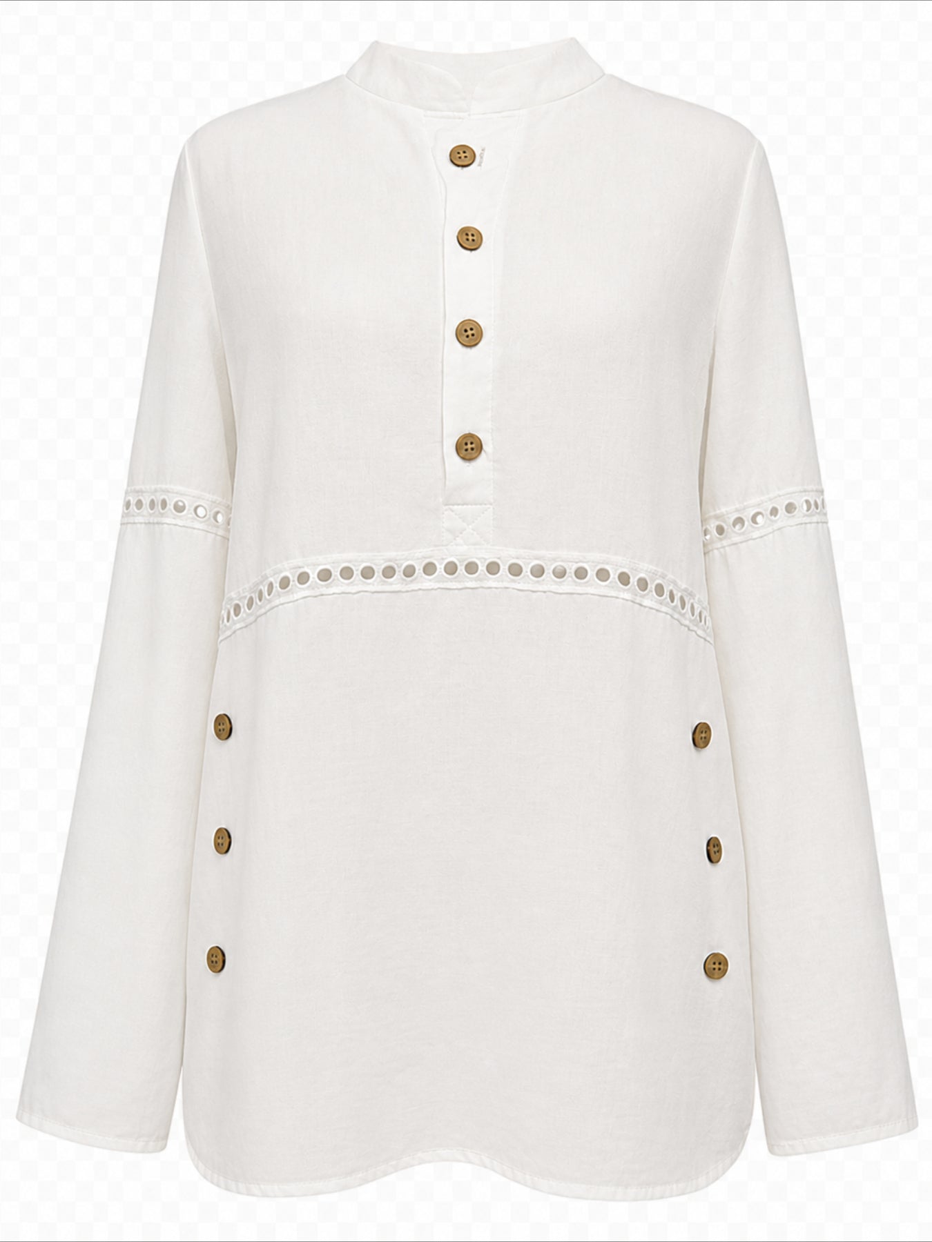 Solid Color Stand Collar Long Sleeve Half-Placket Side Button Cutout Detail Loose Fit Top