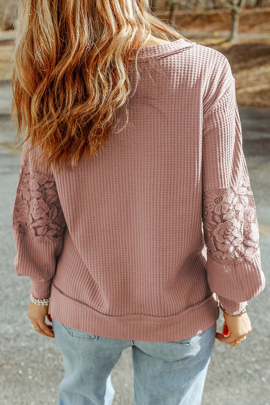 Pink Lace Waffle Patchwork Strappy V Neck Long Sleeve Top