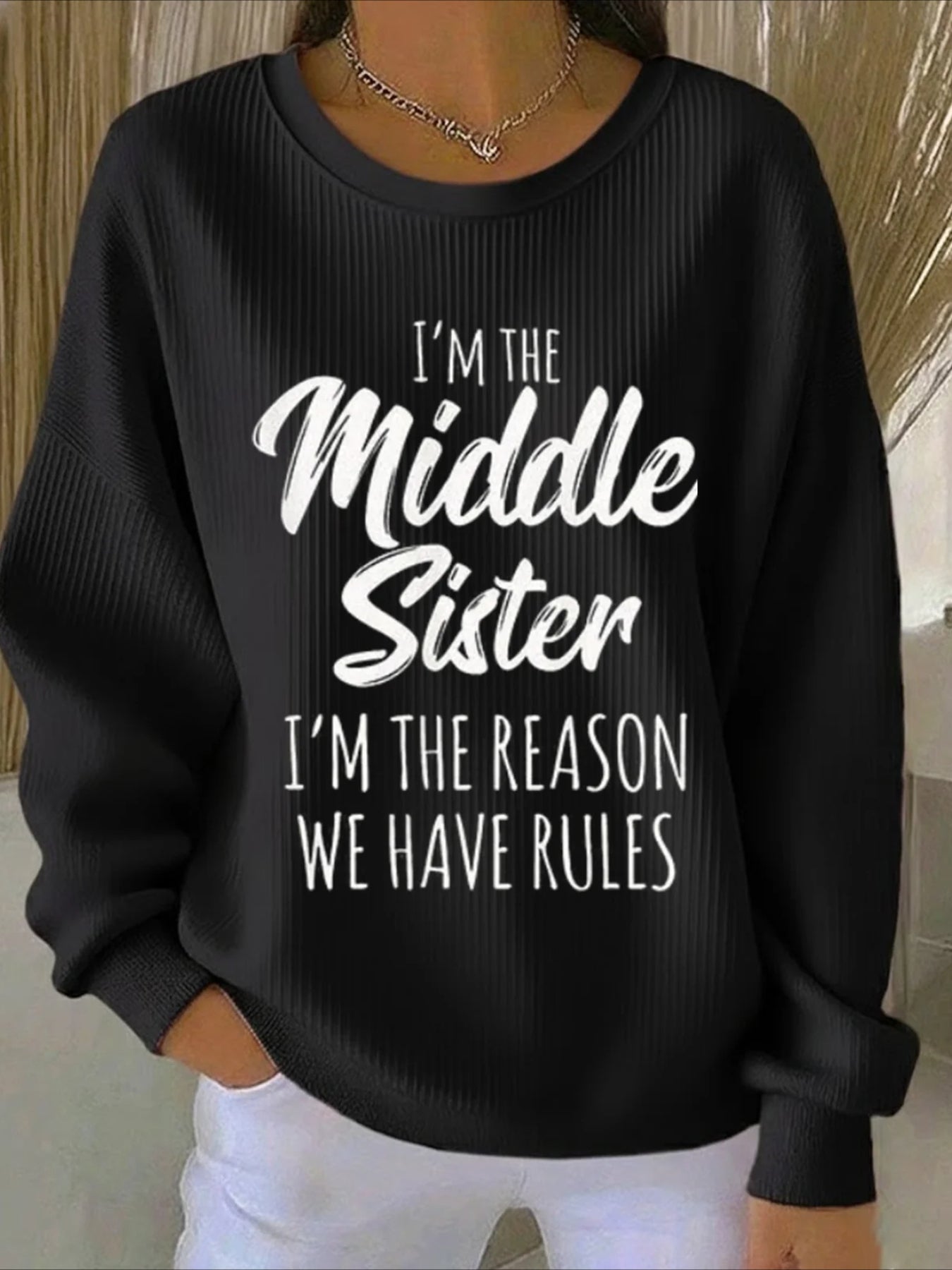 Middle Sister Text Printing Crew Neck Floral Long Sleeve Sweater Hoodie