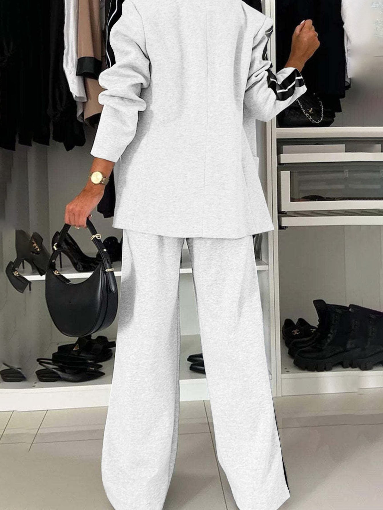 Full Size Contrast Lapel Collar Top and Pants Set