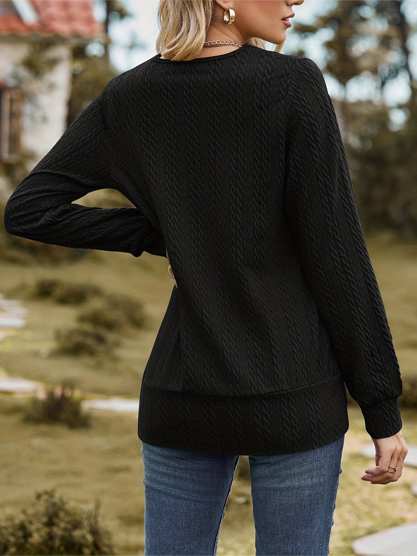 Women's Solid Cable Faux Twinset Long Sleeve Square Neck Slight Stretch T-shirt
