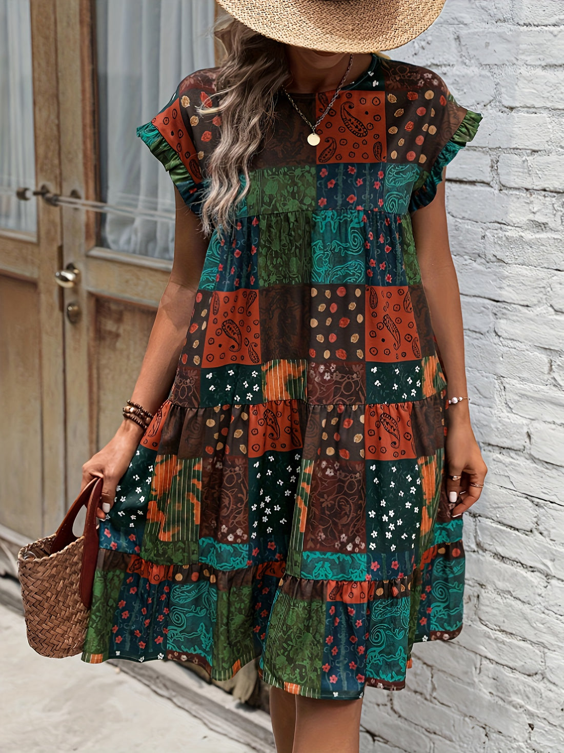 Elegant Patchwork Print Dress with Ruffle Sleeves