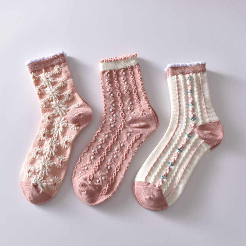6 Pairs Flower Bubble Cable Crew Socks, Lightweight & Comfy Mid-tube Socks