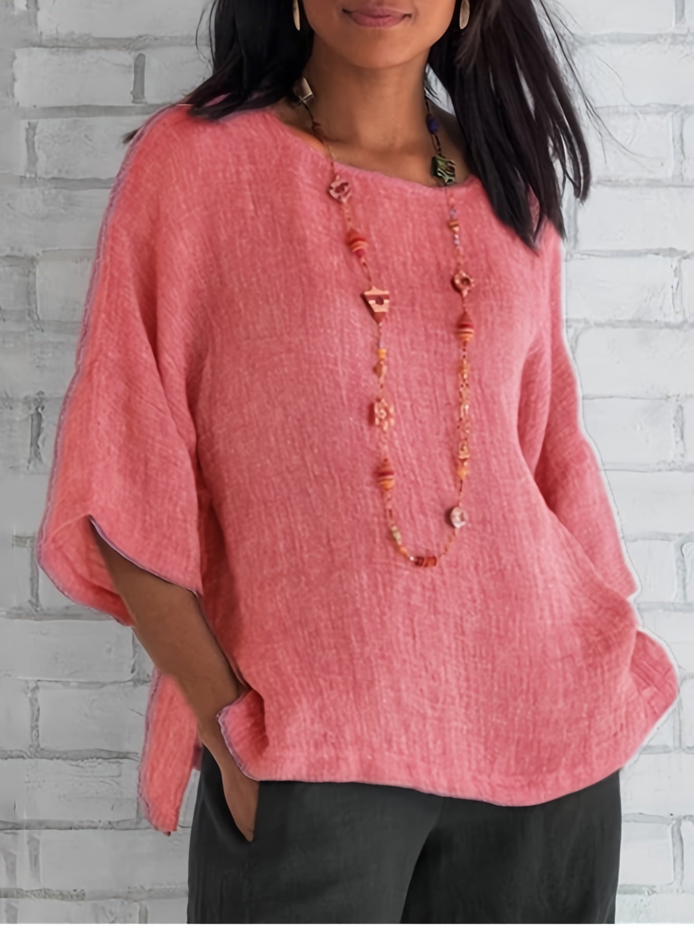 Crew Neck Loose Blouses, Casual Solid Color 3/4 Sleeve Summer Shirts Tops