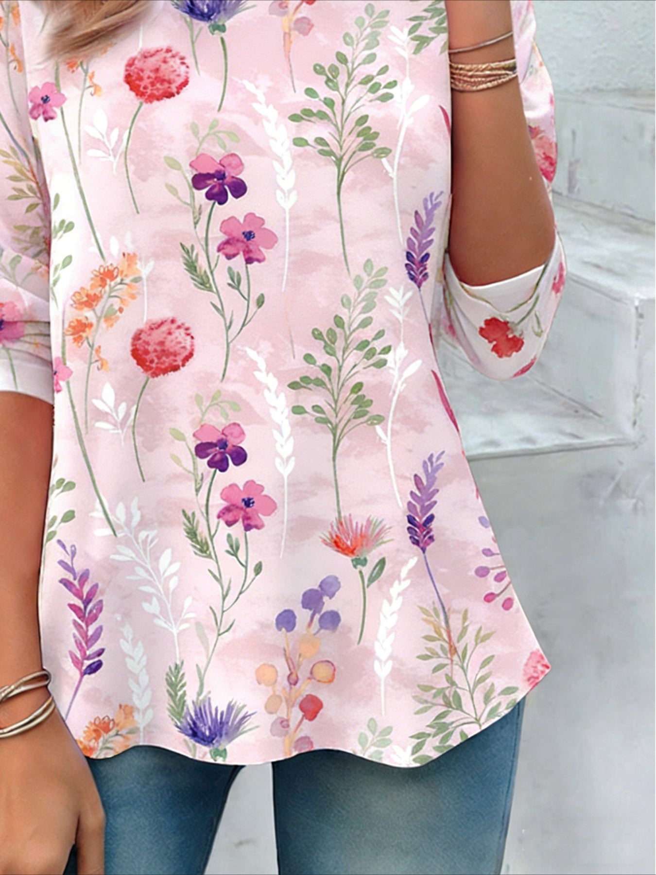 Flower Printed Casual Crew Neck Long Sleeve T-shirt